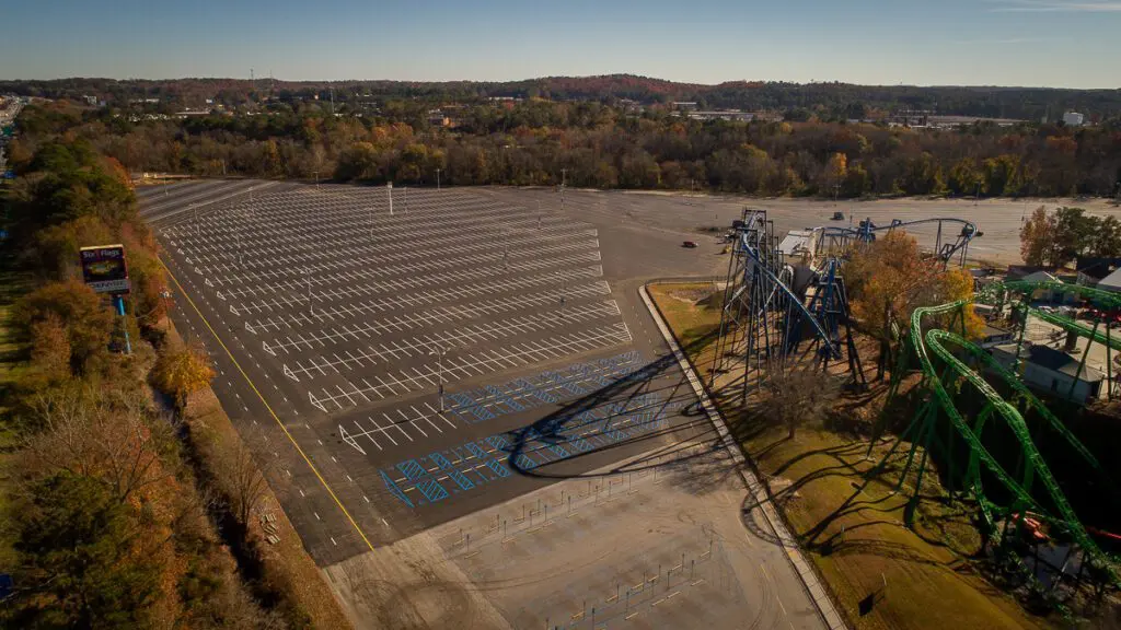 aerial view of a six flags parking lot