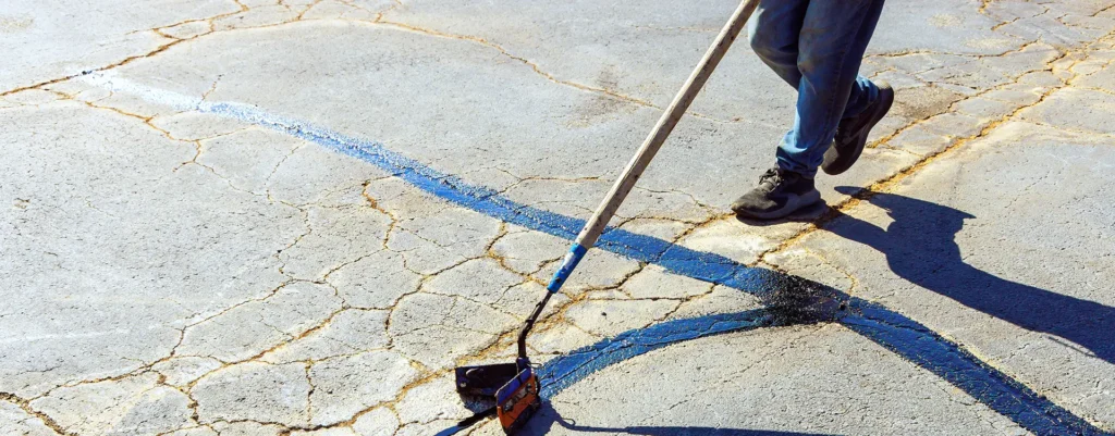 person sealing cracks in asphalt pavement