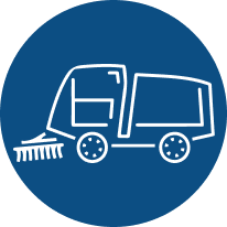 power sweeping truck icon on a blue background