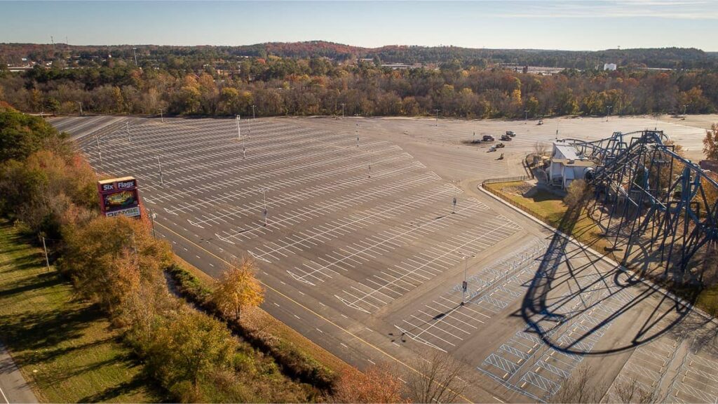freshly painted parking lot at six flags