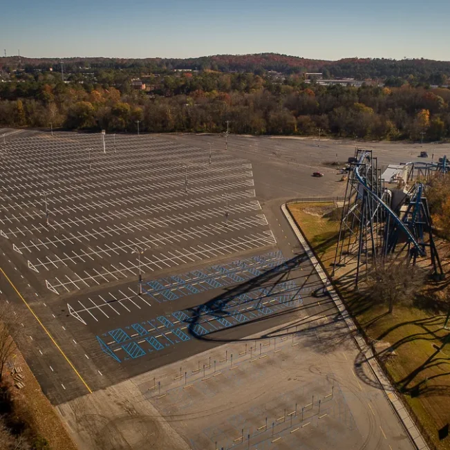 aerial view of a six flags parking lot